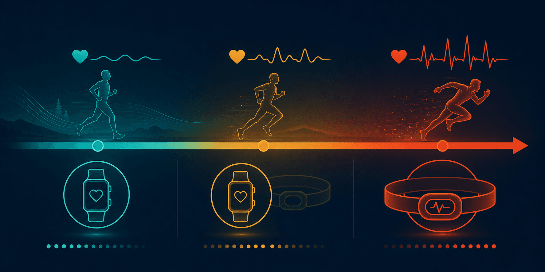 Decision spectrum visual from left to right across workout intensities: a jogging icon with a wristwatch indicates wrist HR sufficient; a moderate run with a wristwatch and faint chest strap silhouette; a sprint with a sharp heart rate spike and prominent chest strap icon indicates chest strap recommended.
