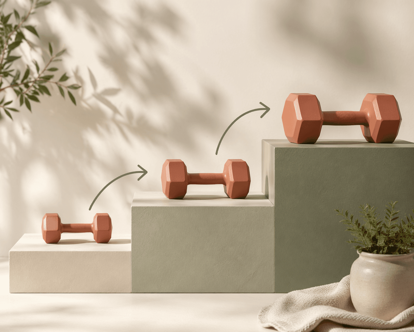 Three dumbbells of increasing size on stepped platforms with arrows suggesting progression over time.