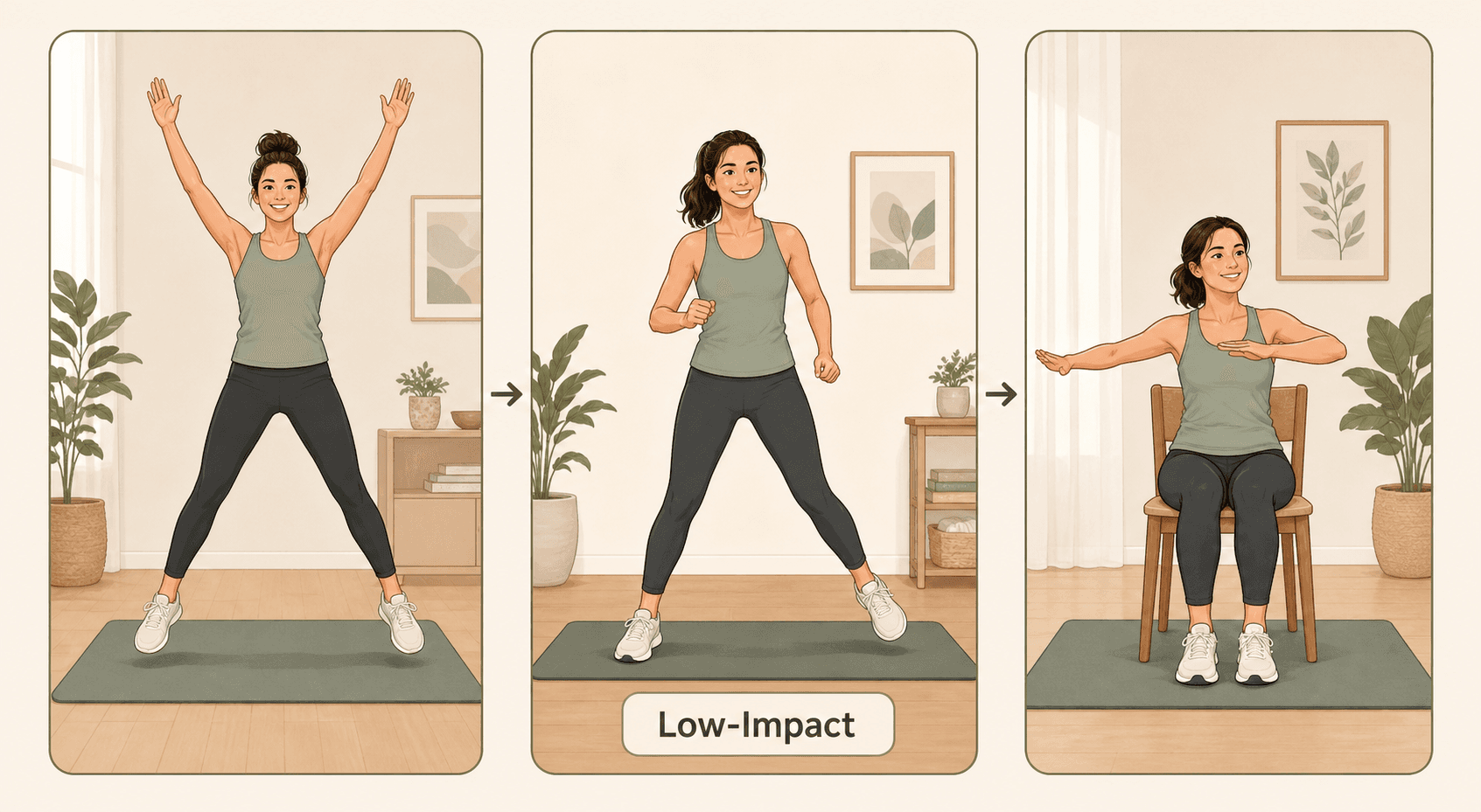 Three-panel illustration showing a standard jumping jack, a low-impact side-step modification, and a seated chair-based version.