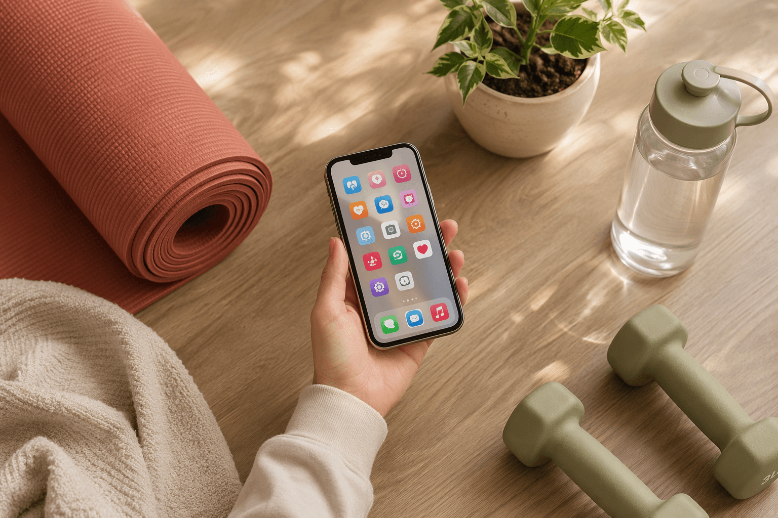 A woman's hand holding a smartphone with an app grid, surrounded by a rolled yoga mat, dumbbells, water bottle, and plant on a wooden surface.