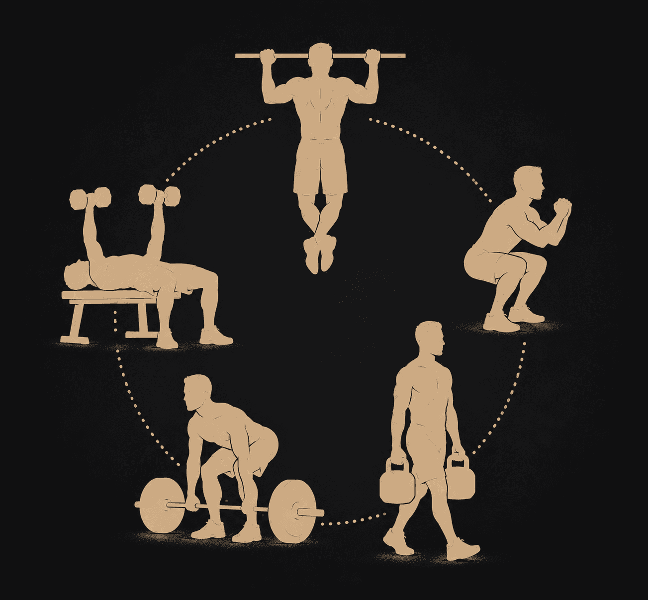 Five exercise silhouettes showing press, pull, squat, hinge, and carry movement patterns
