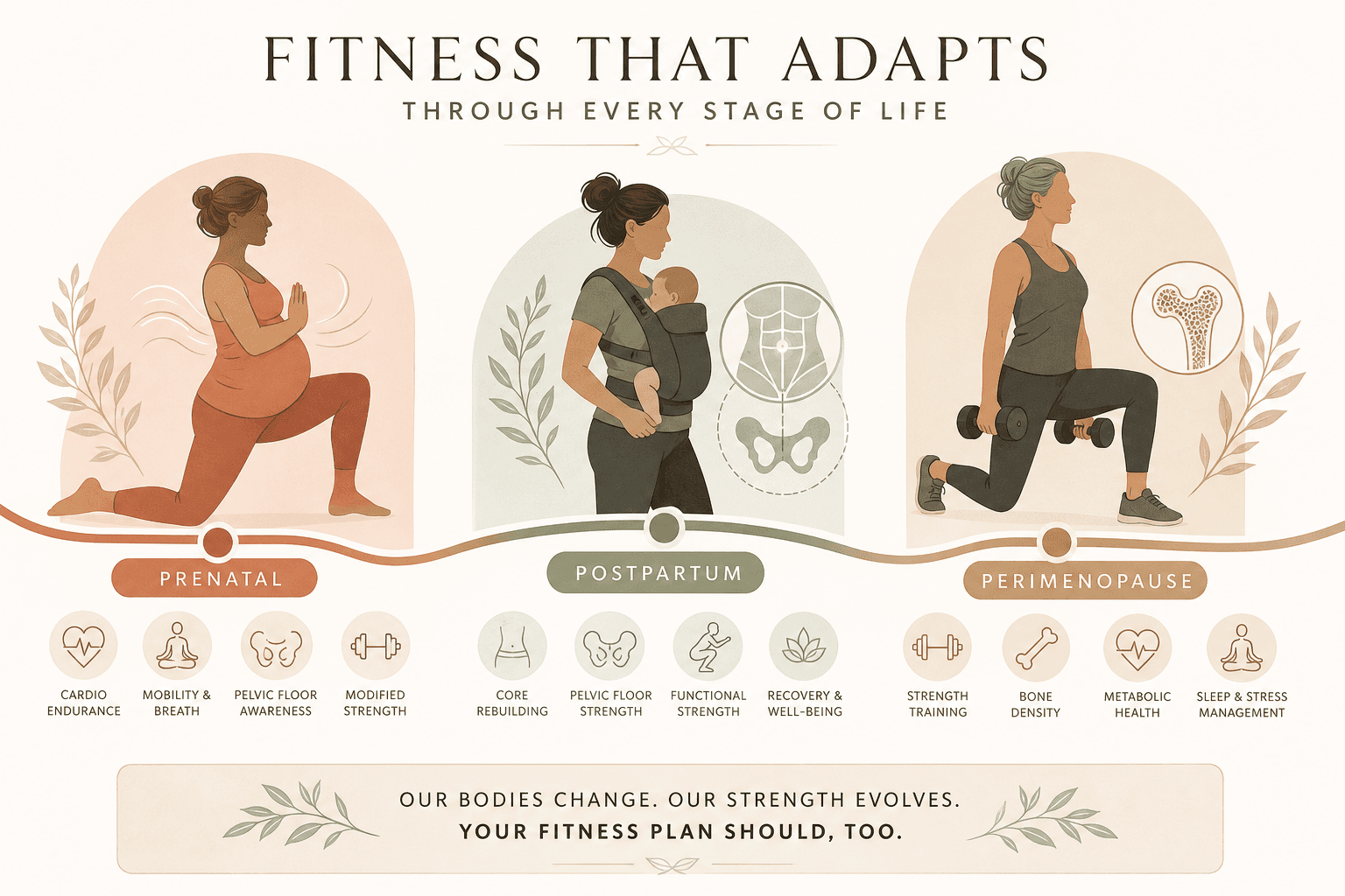 A flowing timeline-style editorial visual showing three connected life-stage zones: Prenatal, Postpartum, and Perimenopause with relevant icons. Warm neutral tones convey adaptation across a woman's life stages.