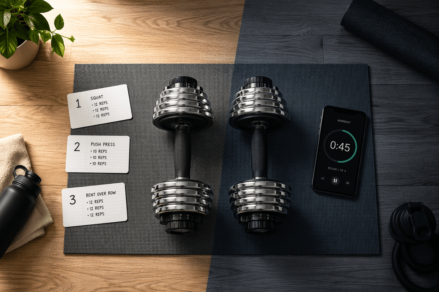 Flat-lay composition on a wood-textured floor with a dark grey workout mat, a pair of adjustable chrome and black dumbbells centered, surrounded by white numbered workout index cards and a smartphone showing a workout timer at 0:45. The background is split diagonally into a warm-lit left half and a cool-shadowed right half.