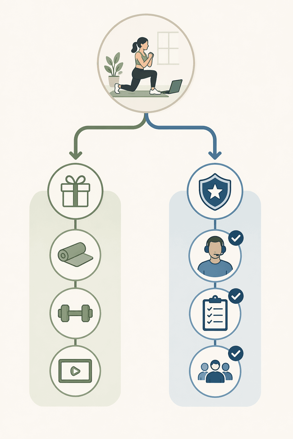 Decision flowchart showing free and paid exercise app paths for a home exerciser