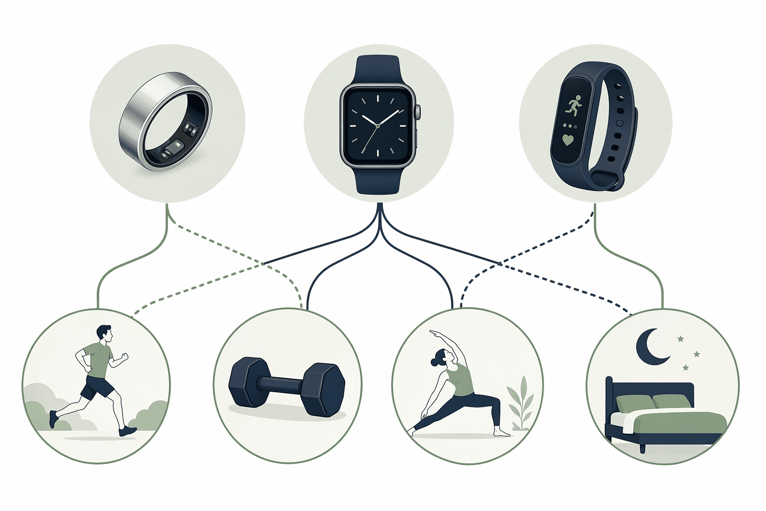 Decision framework connecting rings, smartwatches, and fitness bands to cardio, strength, flexibility, and sleep recovery