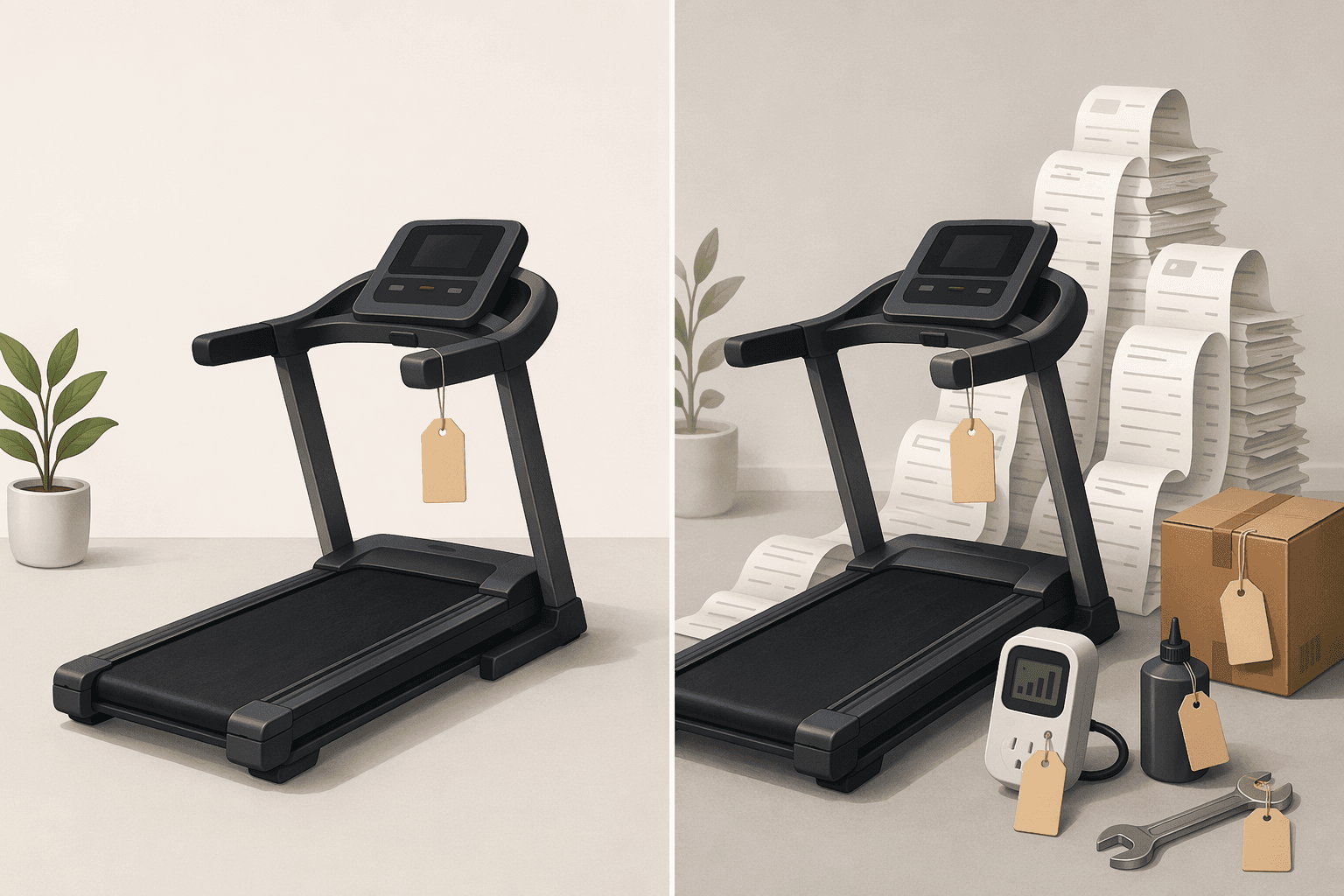 Side-by-side editorial illustration of a treadmill. On the left, a small price tag. On the right, the same treadmill surrounded by accumulating cost elements: subscription receipts, delivery fee tag, electricity meter, lubricant bottle, and maintenance tool.