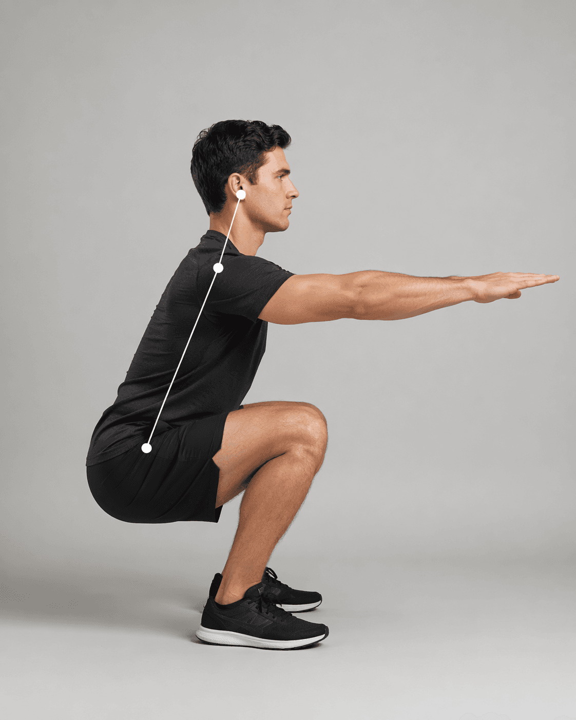 Side view of a controlled bodyweight squat with neutral posture