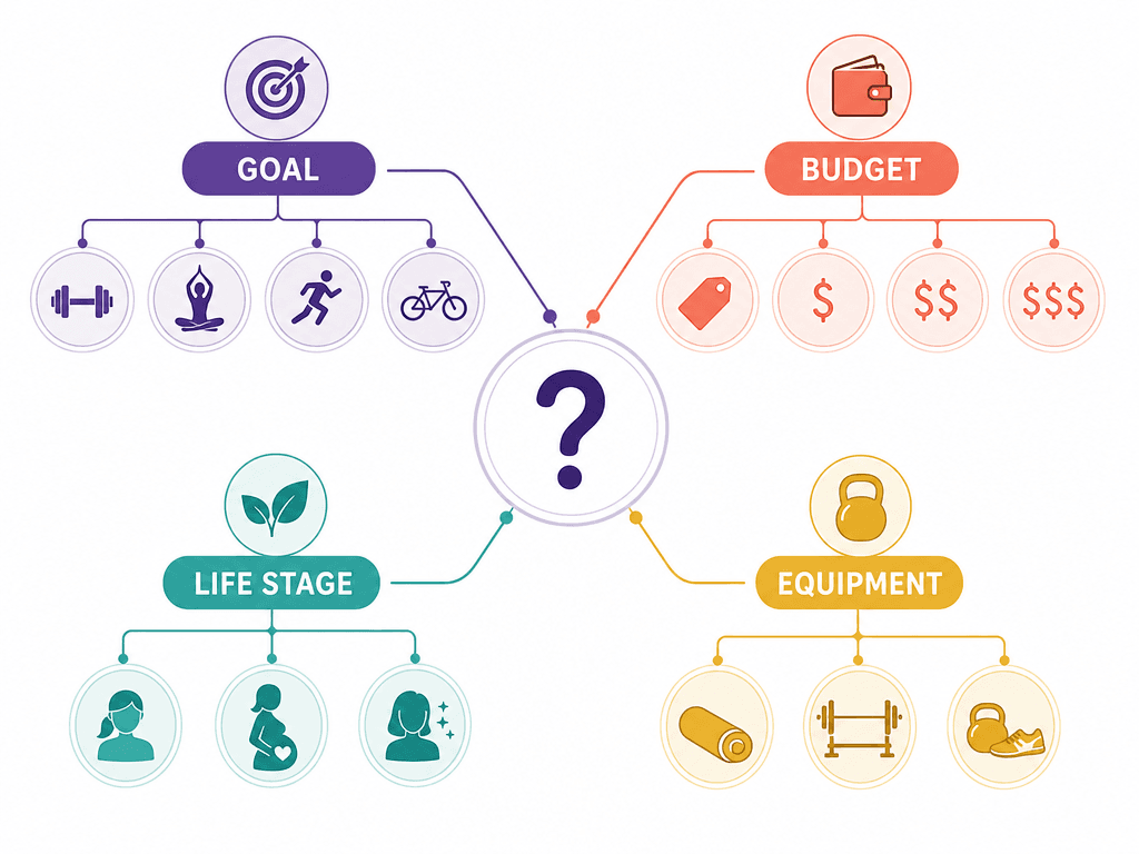 An editorial decision-framework diagram with four labeled axes radiating from a central question mark icon: Goal, Budget, Life Stage, and Equipment.