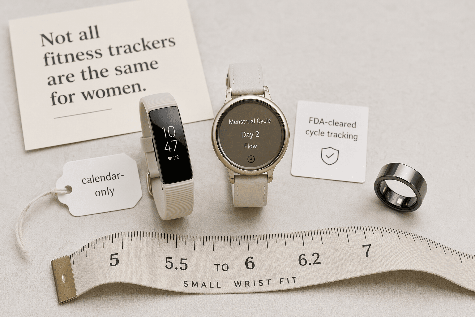 Flat-lay on a light neutral surface: three tracker form factors – a slim band, a small round smartwatch, and a smart ring – with a soft measuring tape showing the 5.5-to-6.2 inch mark. Cards read 'FDA-cleared cycle tracking' next to two devices and 'calendar-only' next to one. Natural lighting, slightly desaturated tones.