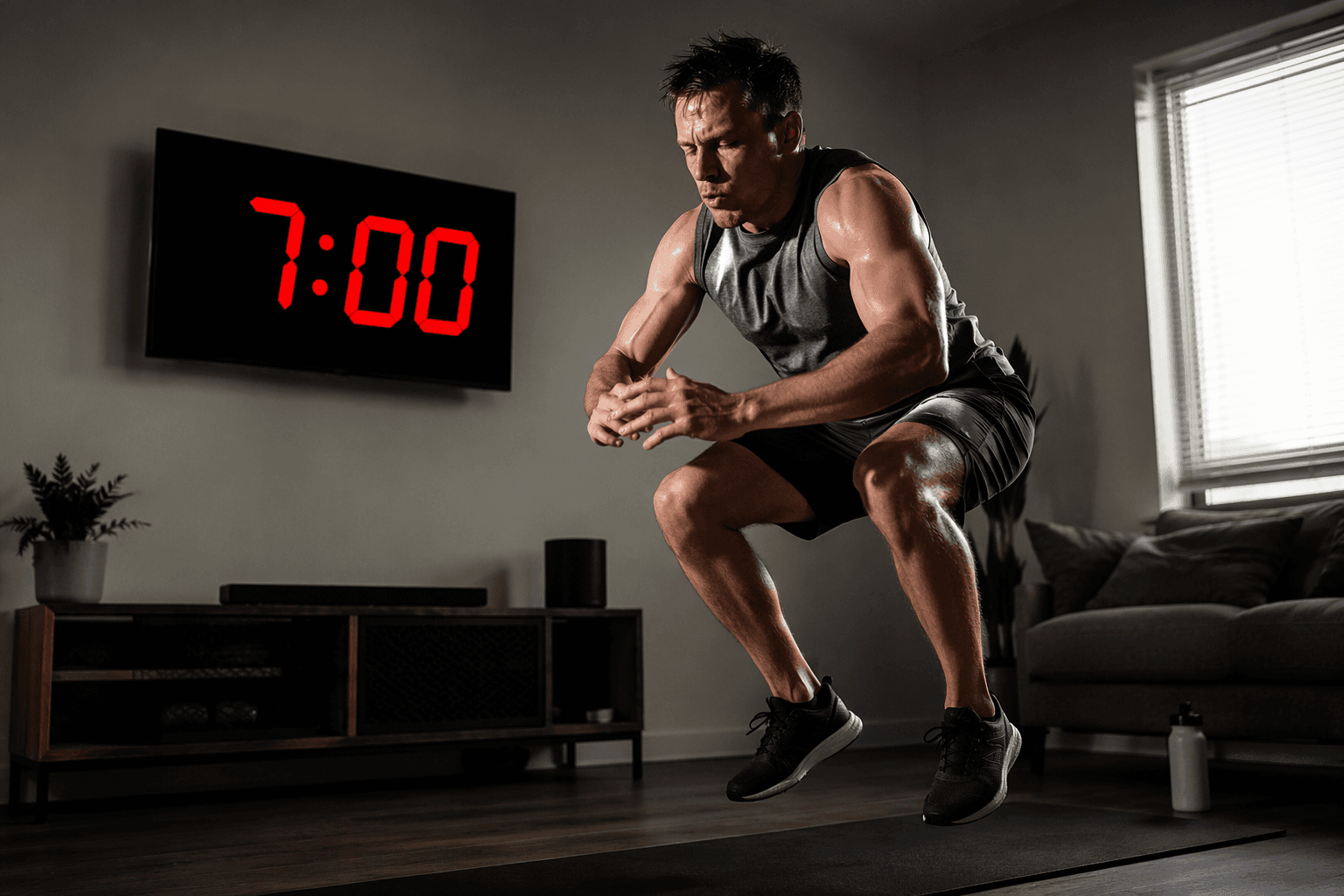 Person performing an explosive bodyweight squat thrust in a living room while a large timer shows seven minutes
