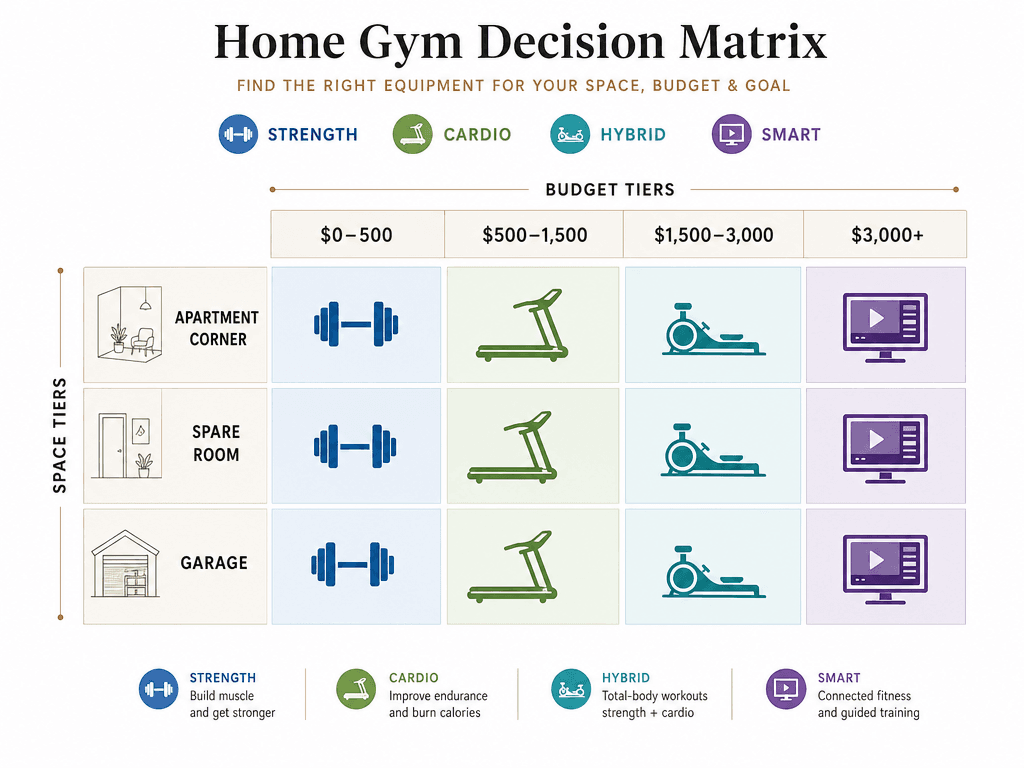 Decision matrix visual with Budget Tiers on the horizontal axis, Space Tiers on the vertical axis, and color-coded zones for Primary Fitness Goal.