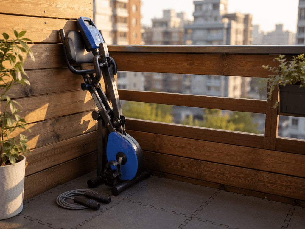 A blue and black compact foldable magnetic exercise bike in folded storage position leaning against a wooden balcony railing, with a coiled jump rope next to it on interlocking foam floor tiles, and out-of-focus city apartment buildings in the background under soft afternoon light.