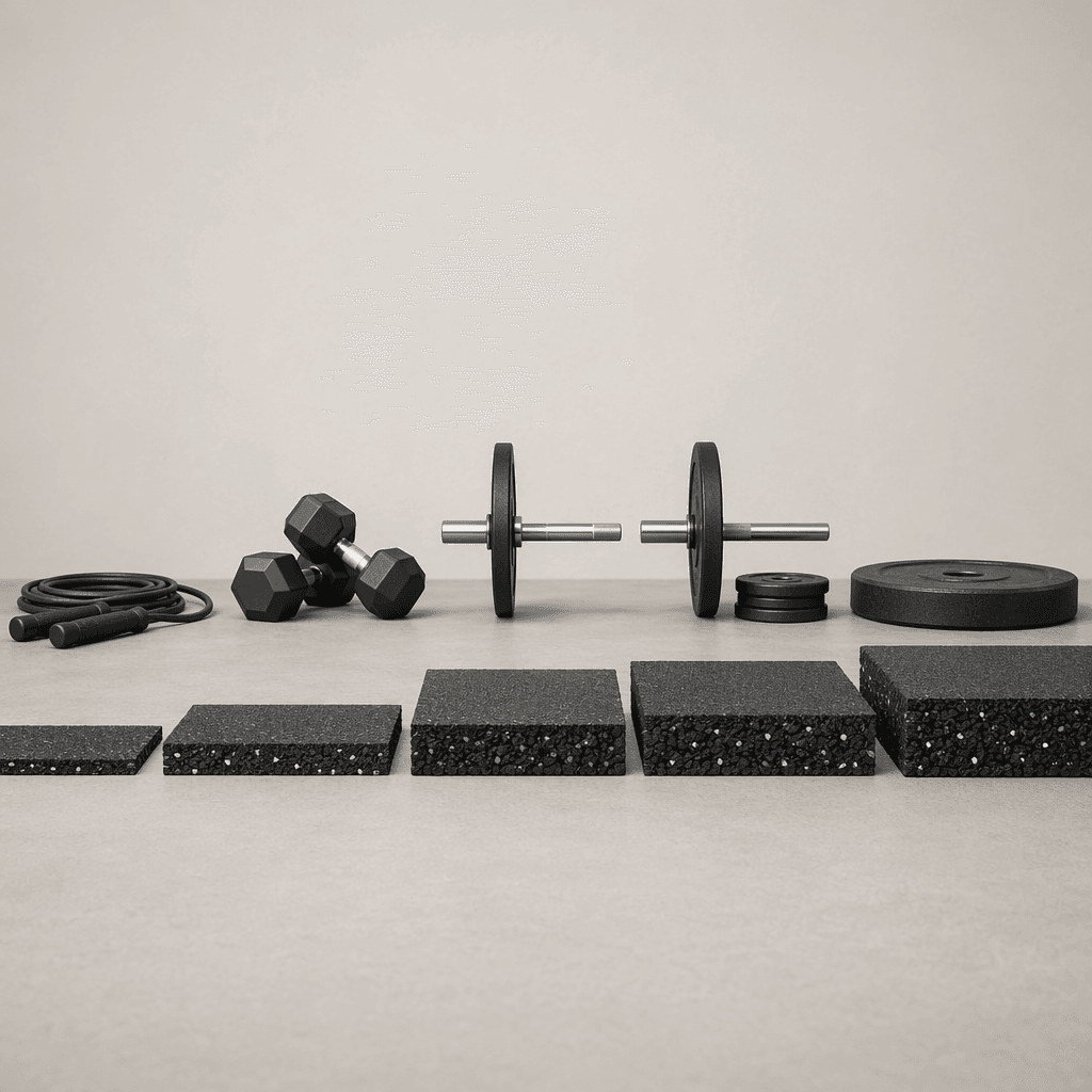 Cross-section slices of home gym flooring increasing in thickness from light cardio to dumbbells, barbell work, and a drop zone