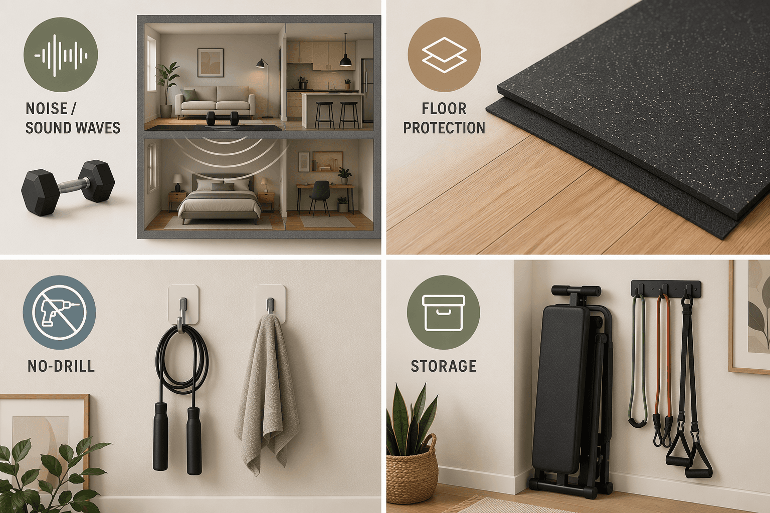 A clean editorial flat-lay illustration in muted apartment tones showing four renter-specific home gym constraints arranged in a grid: noise, floor protection, no-drill installation, and vertical storage.