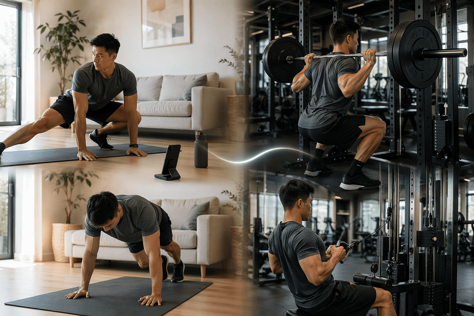 Person combining home mobility work with heavy barbell training at a gym