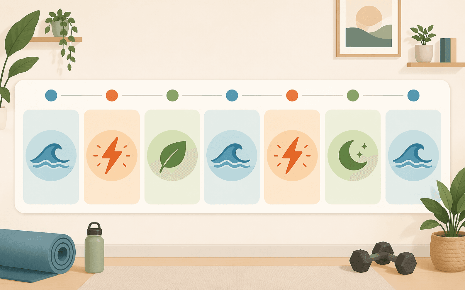 A clean editorial illustration showing a weekly calendar layout with seven columns for Monday through Sunday, each day marked with color-coded icons: teal wave symbols for steady-state cardio, orange lightning symbols for HIIT, and green leaf symbols for rest days, arranged in a balanced weekly rhythm.