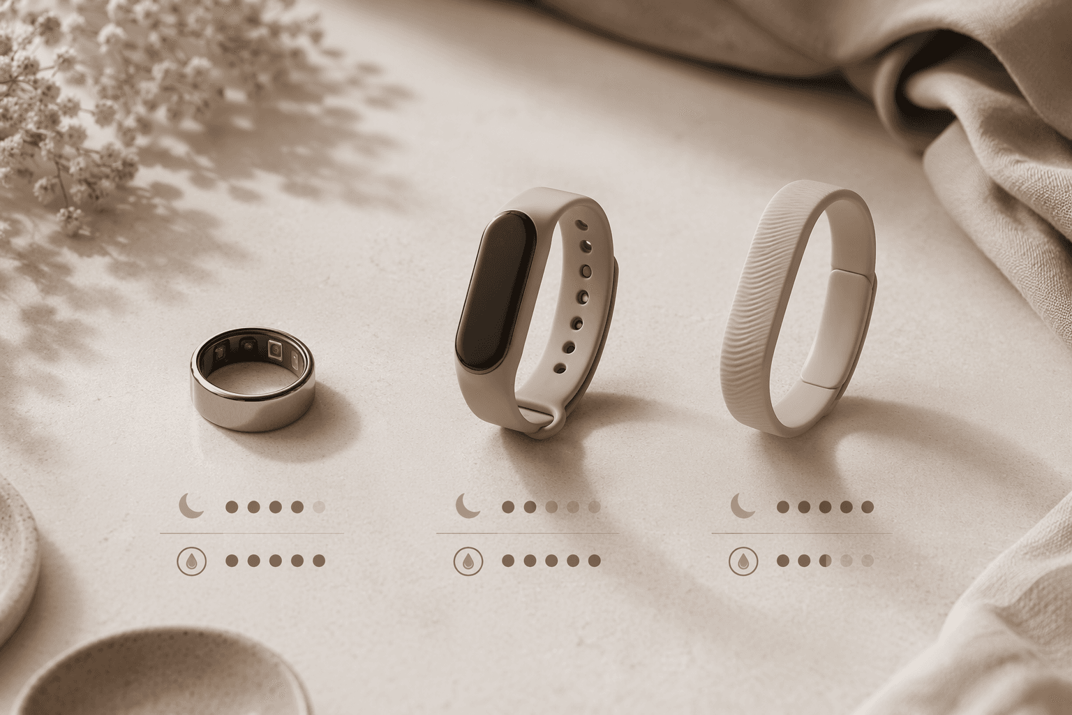 Smart ring, slim fitness wristband, and screenless band silhouettes arranged side by side