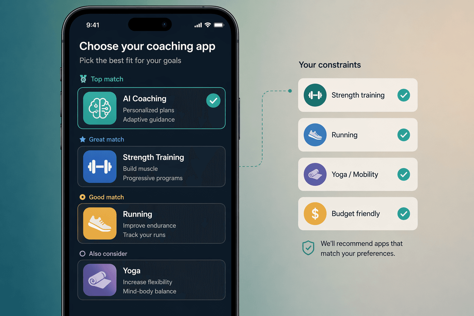 Flat vector editorial illustration of a smartphone displaying a tiered grid of four app icons (dumbbell, running shoe, yoga mat, AI brain coaching icon with a checkmark badge). Beside the phone float small constraint-filter icons: dumbbell, shoe, yoga mat, and dollar sign badge. Background is a muted teal-to-warm-gray gradient.