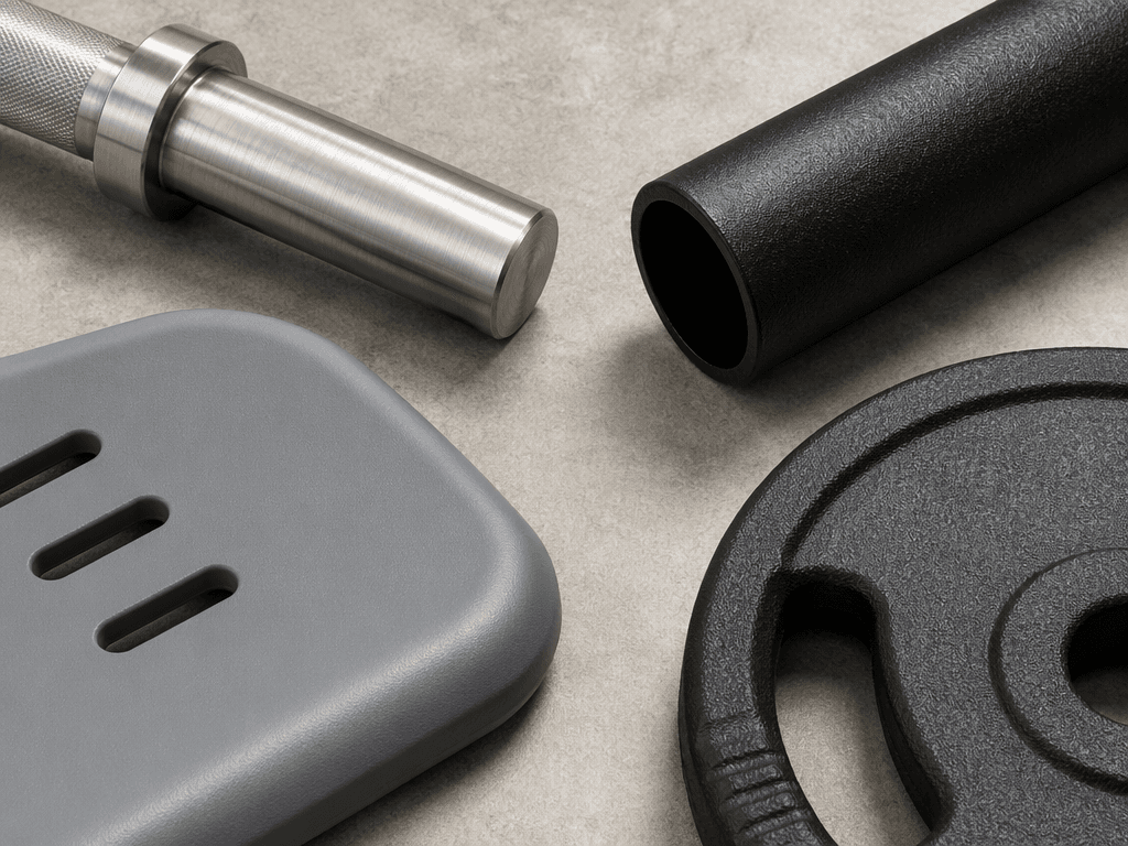 Flat lay of four outdoor equipment material samples: brushed stainless steel, powder-coated steel tubing, grey HDPE panel, and black rubber plate corner.