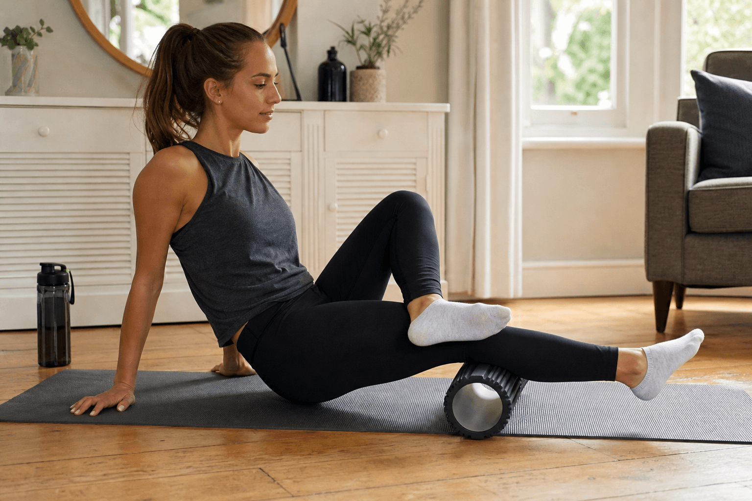 A person sitting on a yoga mat at home, foam rolling a calf muscle with one leg crossed over the other, hands on the floor for balance.