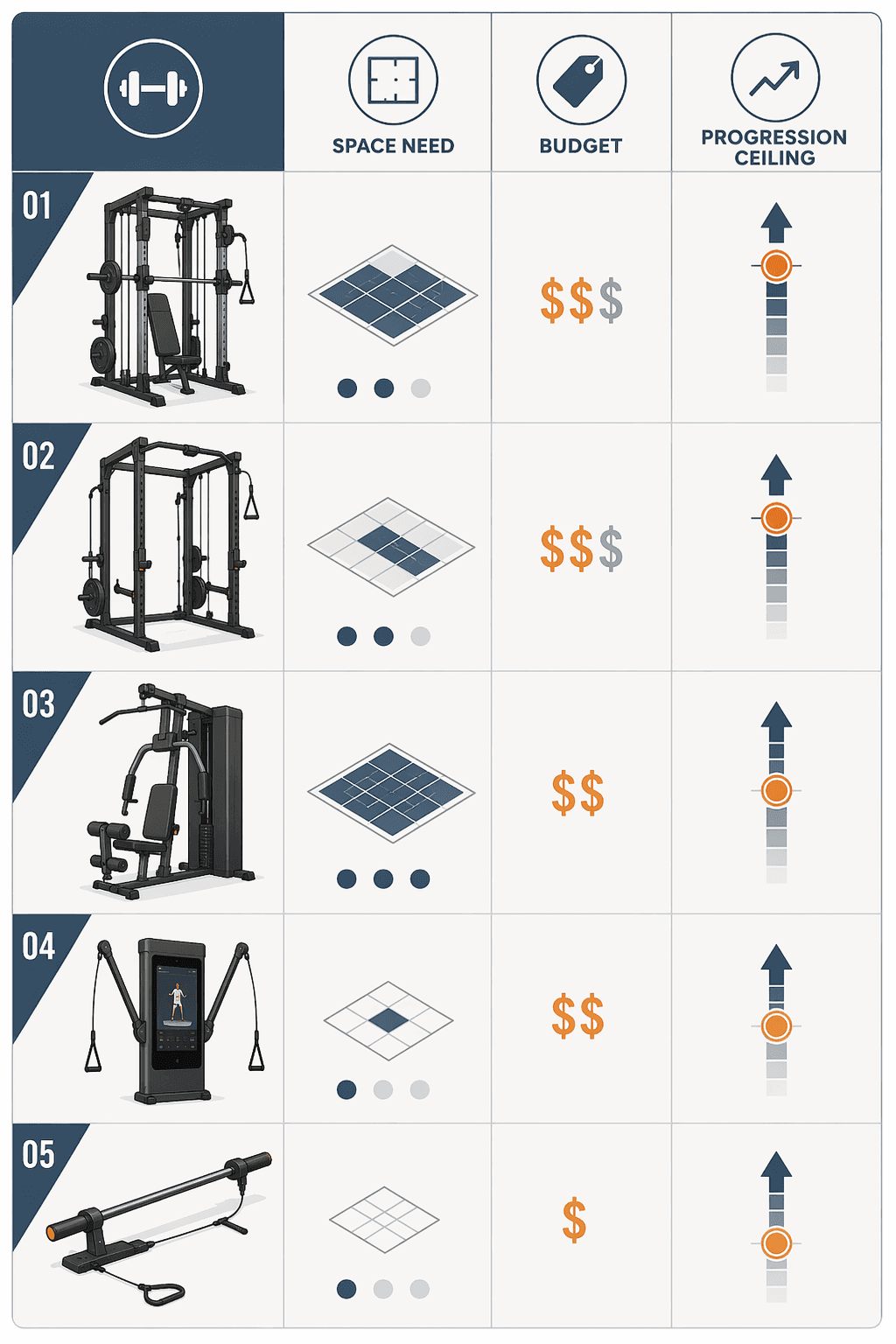 Comparison of five home gym architectures by space, budget, and progression ceiling