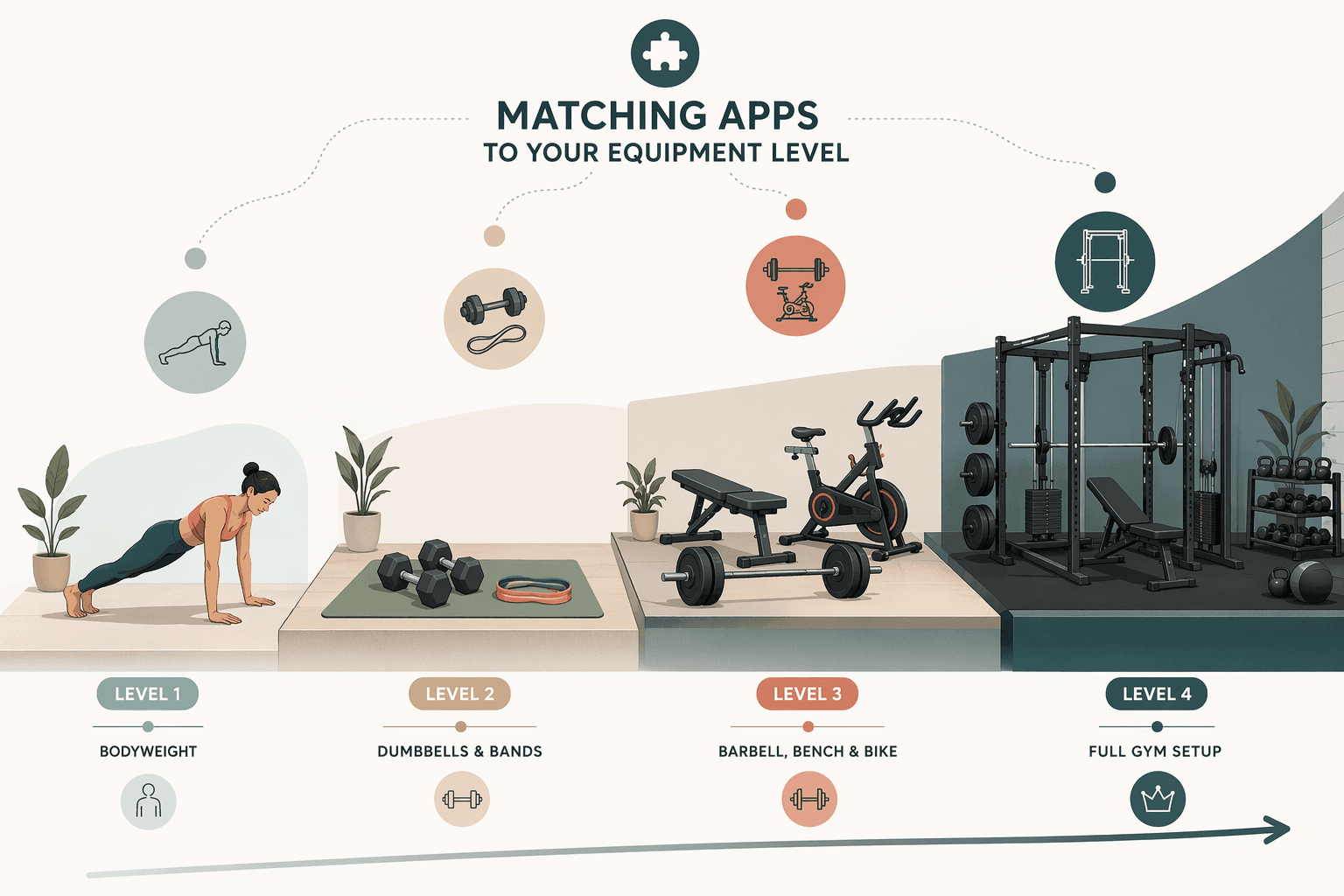 A flat vector editorial illustration showing workout equipment progression from left to right: a person doing bodyweight exercise, then dumbbells and resistance bands on a yoga mat, then a barbell and bench and indoor bike, then a full commercial gym rack setup, arranged like a filter funnel with the concept of matching apps to equipment level.