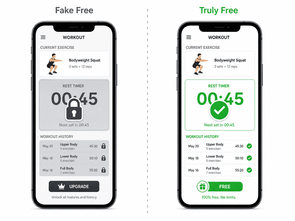 Split-screen illustration comparing a 'Fake Free' app with a locked rest timer and history to a 'Truly Free' app with unlocked features and a green FREE badge.