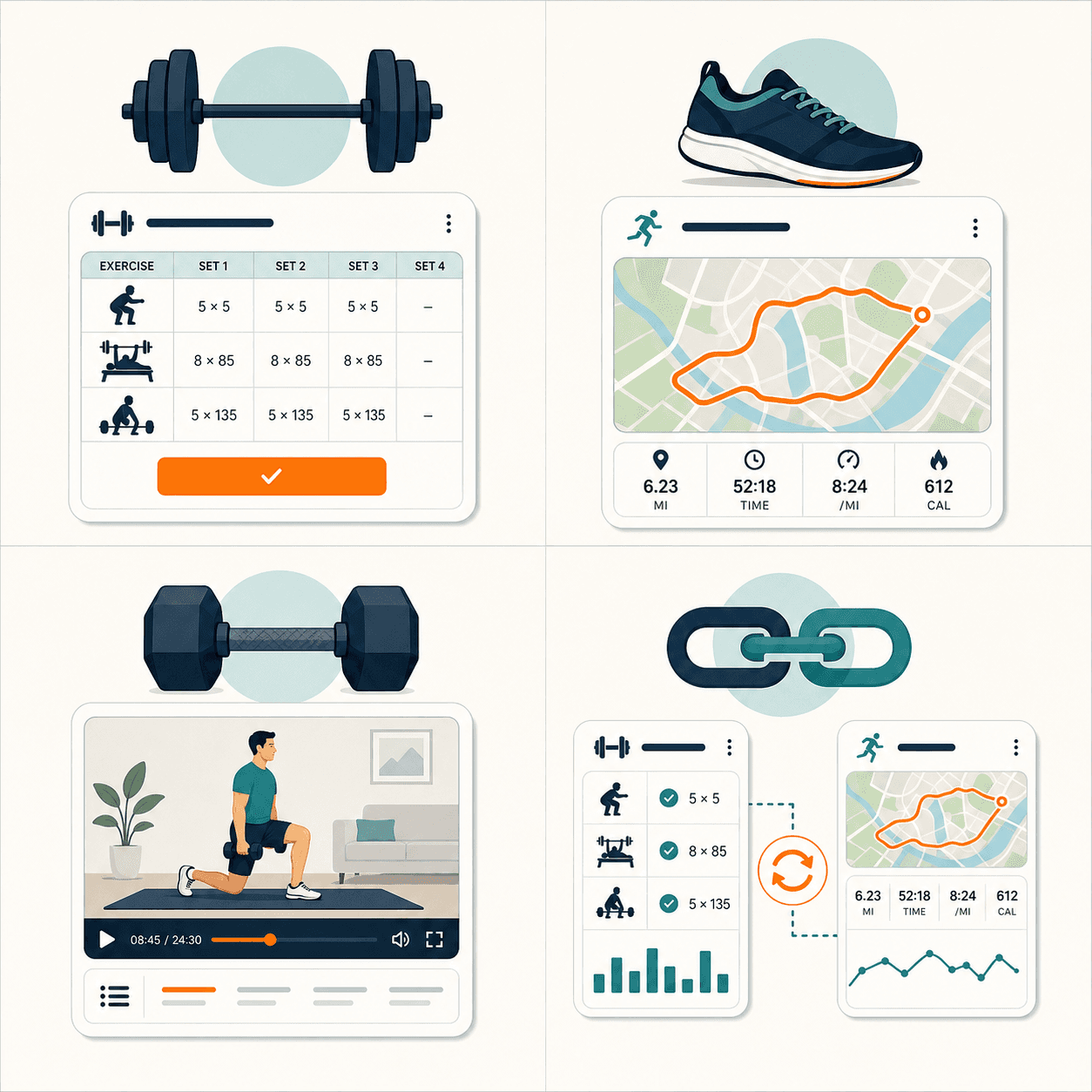 A four-section grid editorial layout mapping training styles to app recommendations: strength, running, home workouts, and hybrid training.