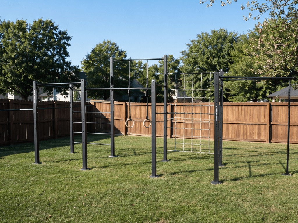 A multi-station outdoor calisthenics rig with multiple pull-up bars at varying heights, gymnastics ring attachment points, and a climbing element, installed on grass in a medium backyard with trees and fencing visible, afternoon daylight.