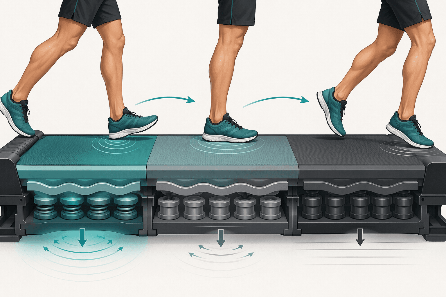 Editorial illustration showing three sequential running gait phases mapped to a treadmill deck with shock-absorbing front, balanced center, and firm rear support.