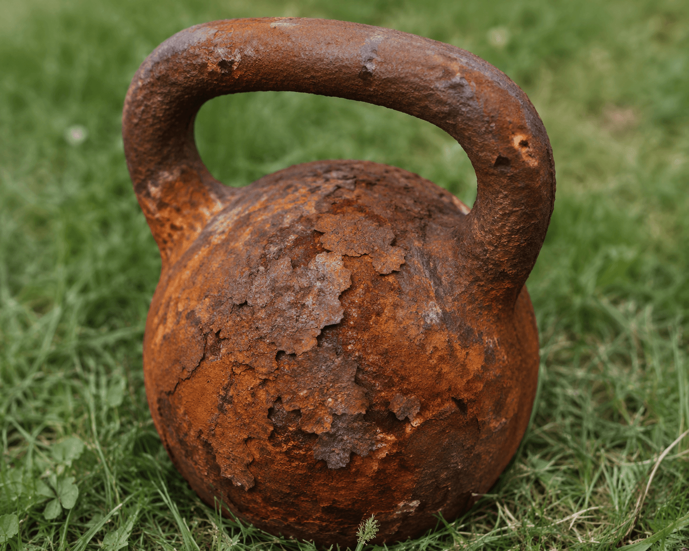 Rusted cast-iron kettlebell sitting in grass with orange corrosion and pitted metal