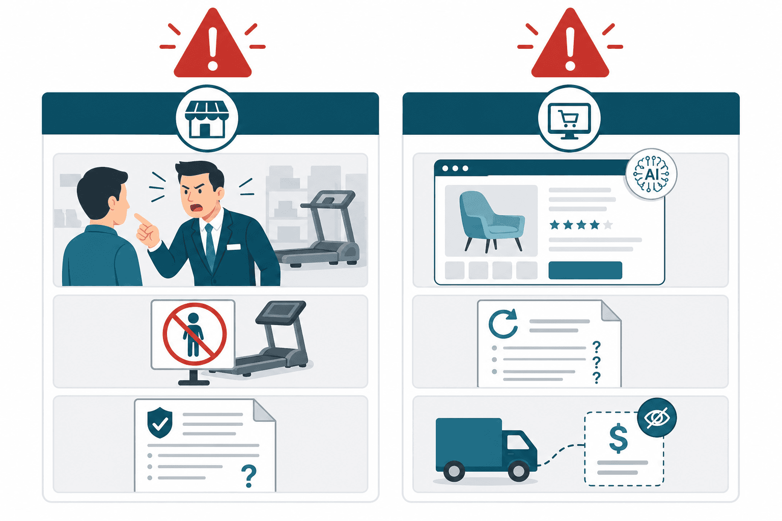 A two-column illustration comparing red flags for in-store shopping (pushy salesperson, no-touch sign, vague warranty) and online shopping (AI-generated product page, confusing return policy, hidden shipping costs), with red warning triangles above each column.