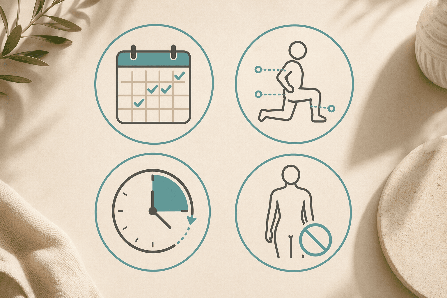 Four icons representing the four tests: structured progression, form coaching, short sessions, and no equipment needed.