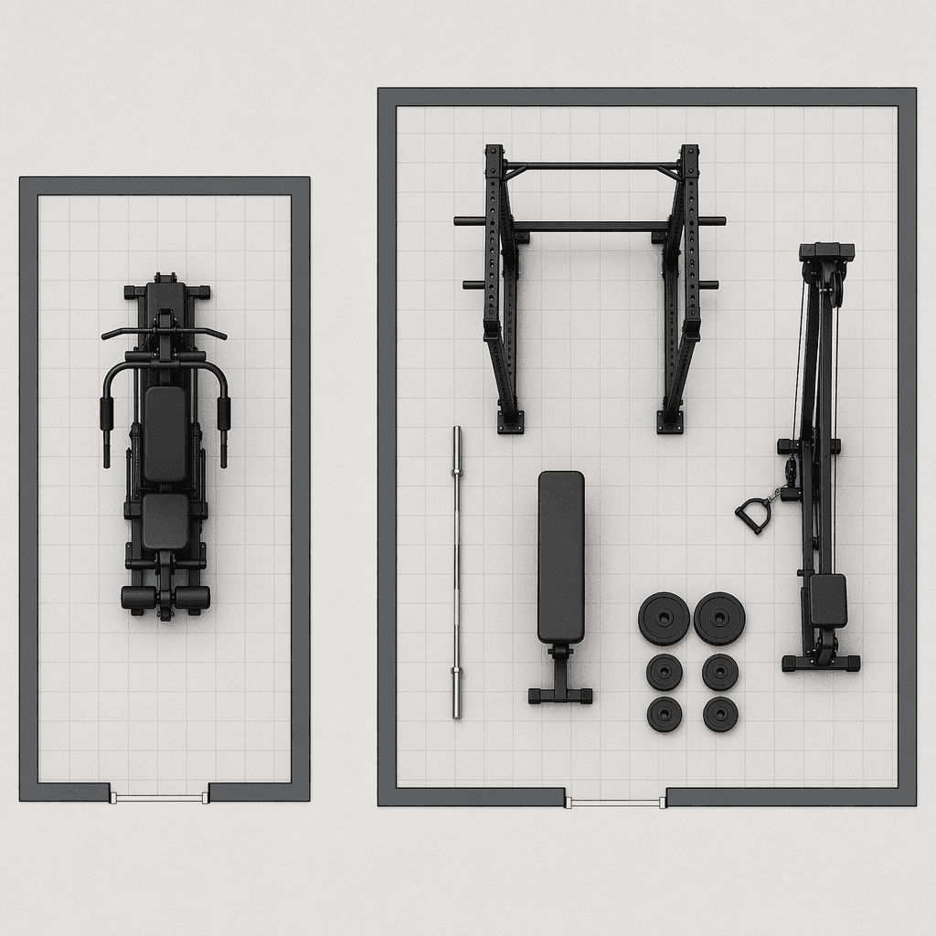 Top-down floor plan comparison showing a compact all-in-one machine on the left occupying a small rectangular footprint, and separate home gym components (power rack, bench, barbell, plates, cable tower) on the right spread across more total floor area on a grid surface