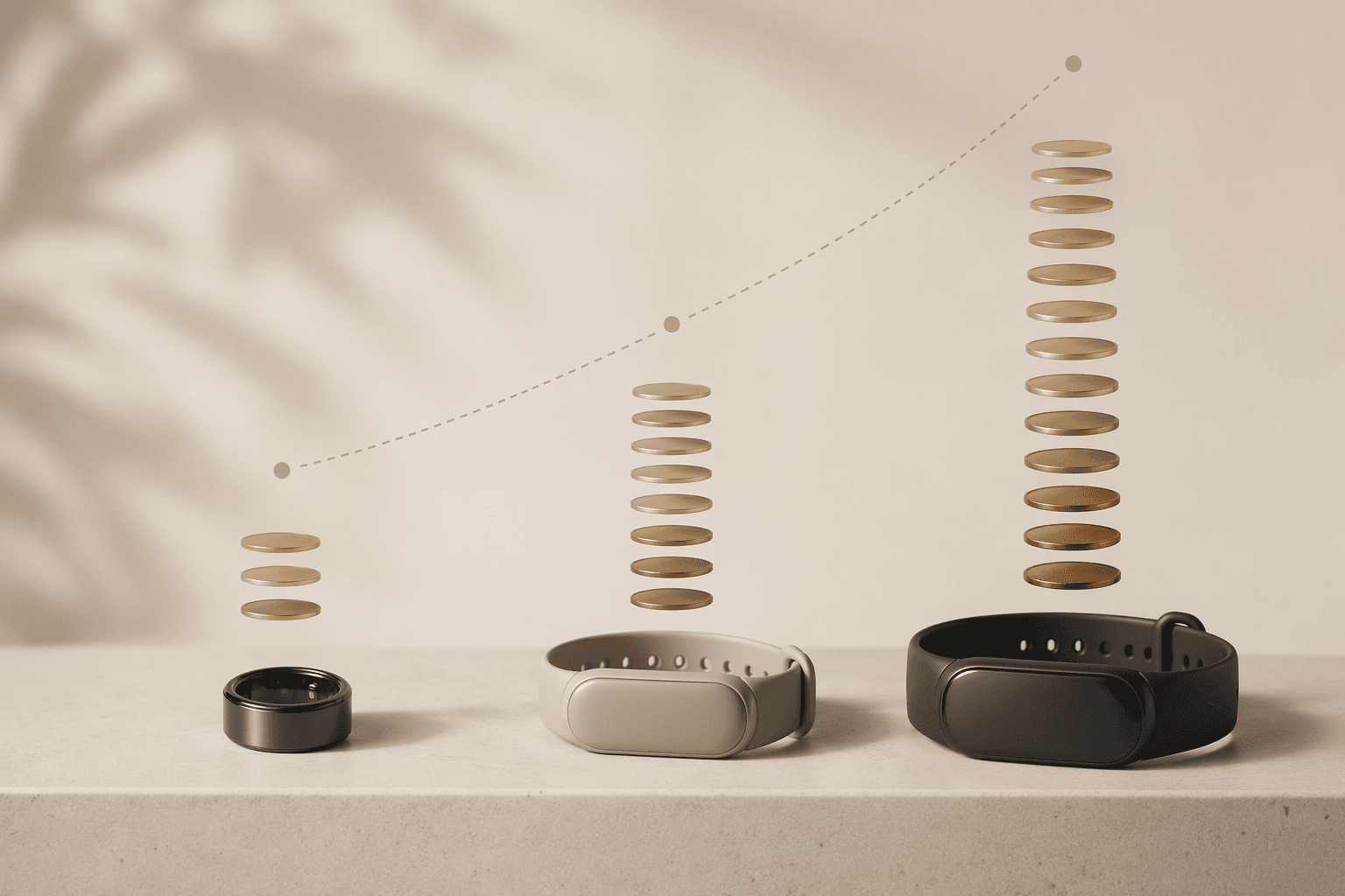 Ring, band, and wristband silhouettes with coin-like elements suggesting different long-term costs