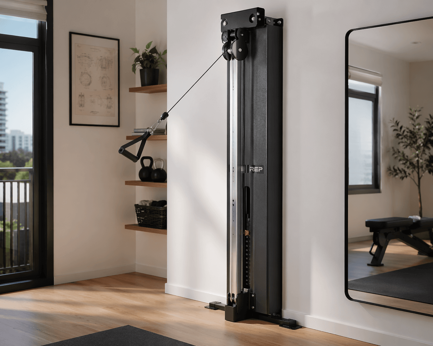 A compact cable machine positioned in a bright apartment corner with hardwood floors, a wall mirror, and organized storage.