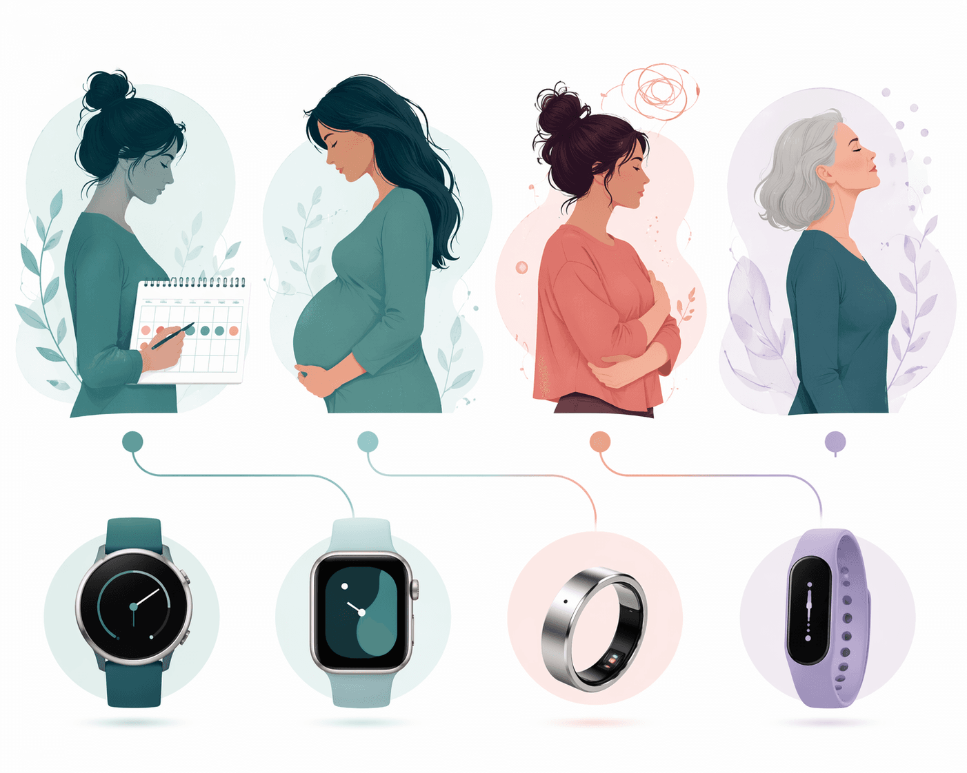 Life stages connected to wearable device options for fertility, pregnancy, irregular cycles, and perimenopause