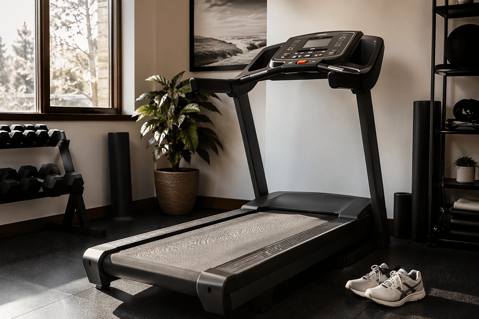 Simple home gym treadmill with physical controls and no oversized tablet screen