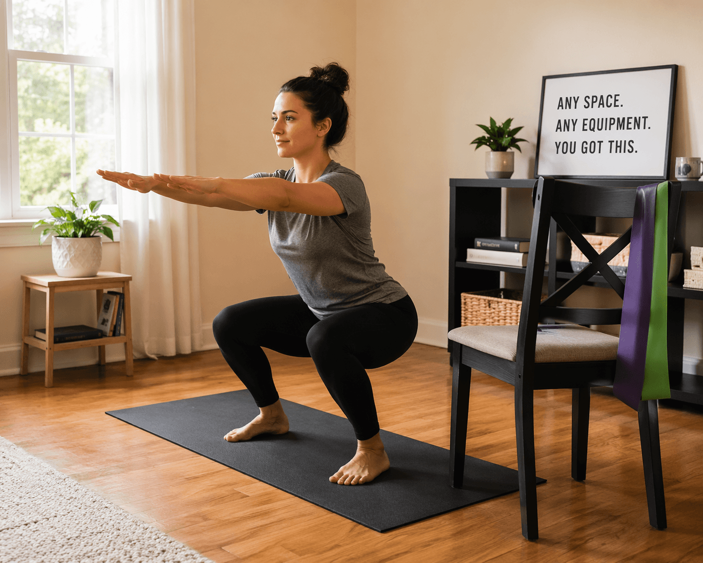 A person in a bright living room performs a bodyweight squat on an exercise mat, with upright torso and arms extended forward. A chair and resistance band sit nearby. Soft window light illuminates the scene.