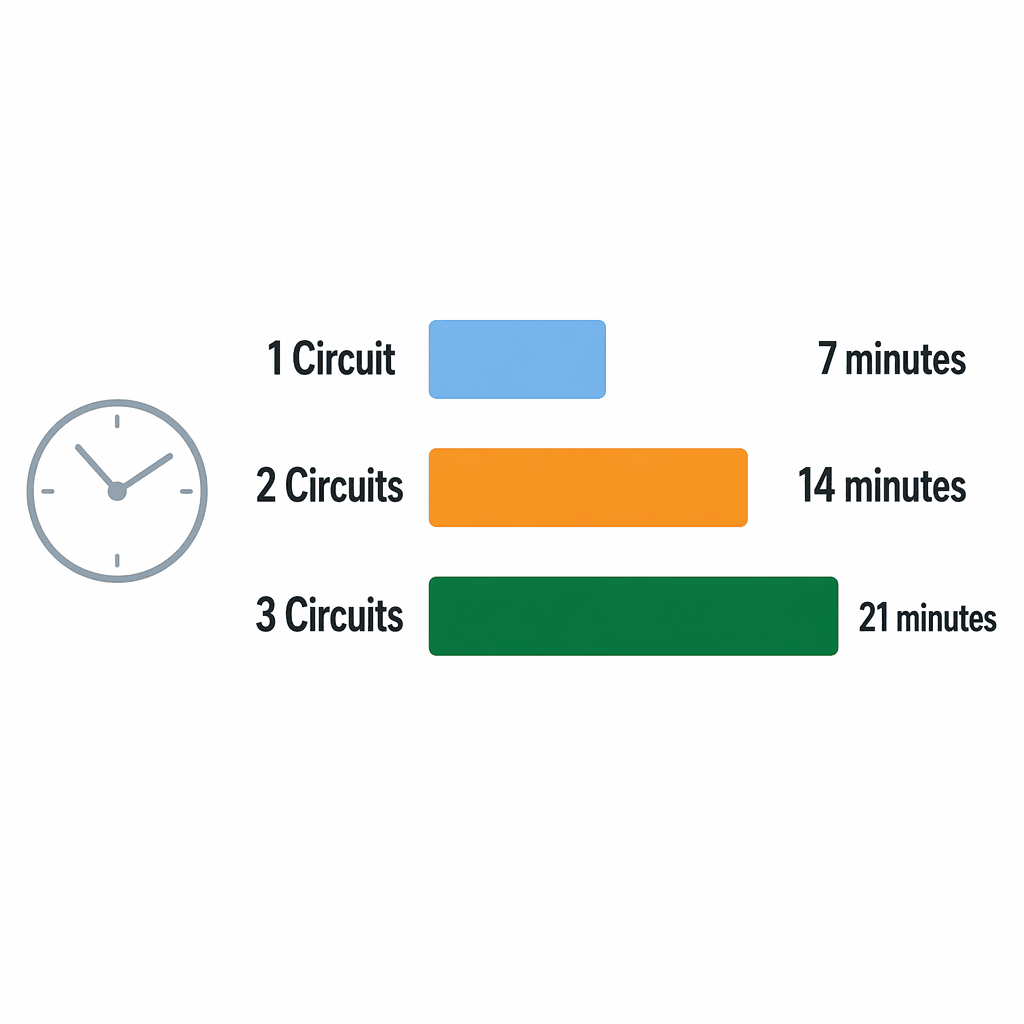 Three horizontal bars: one circuit (7 minutes) in light blue, two circuits (14 minutes) in orange, three circuits (21 minutes) in green.