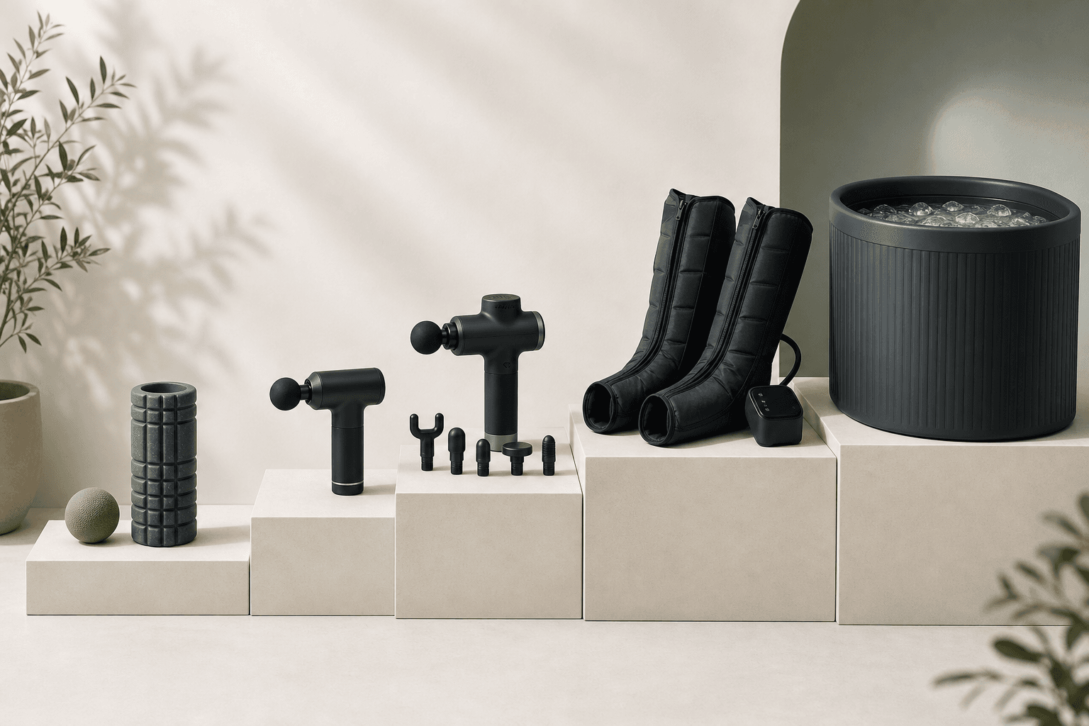 Five recovery tools arranged on upward-stepping shelves: a lacrosse ball and foam roller, a compact massage gun, a higher-end massage gun with attachments, compression boots, and a cold plunge tub silhouette.