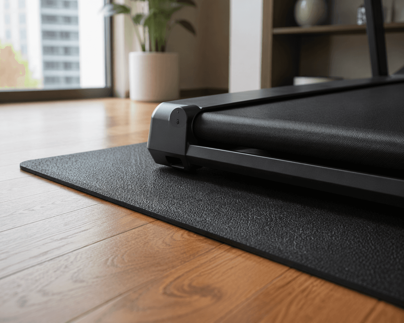 Close-up of a rubber treadmill mat between a folding treadmill base and a hardwood apartment floor