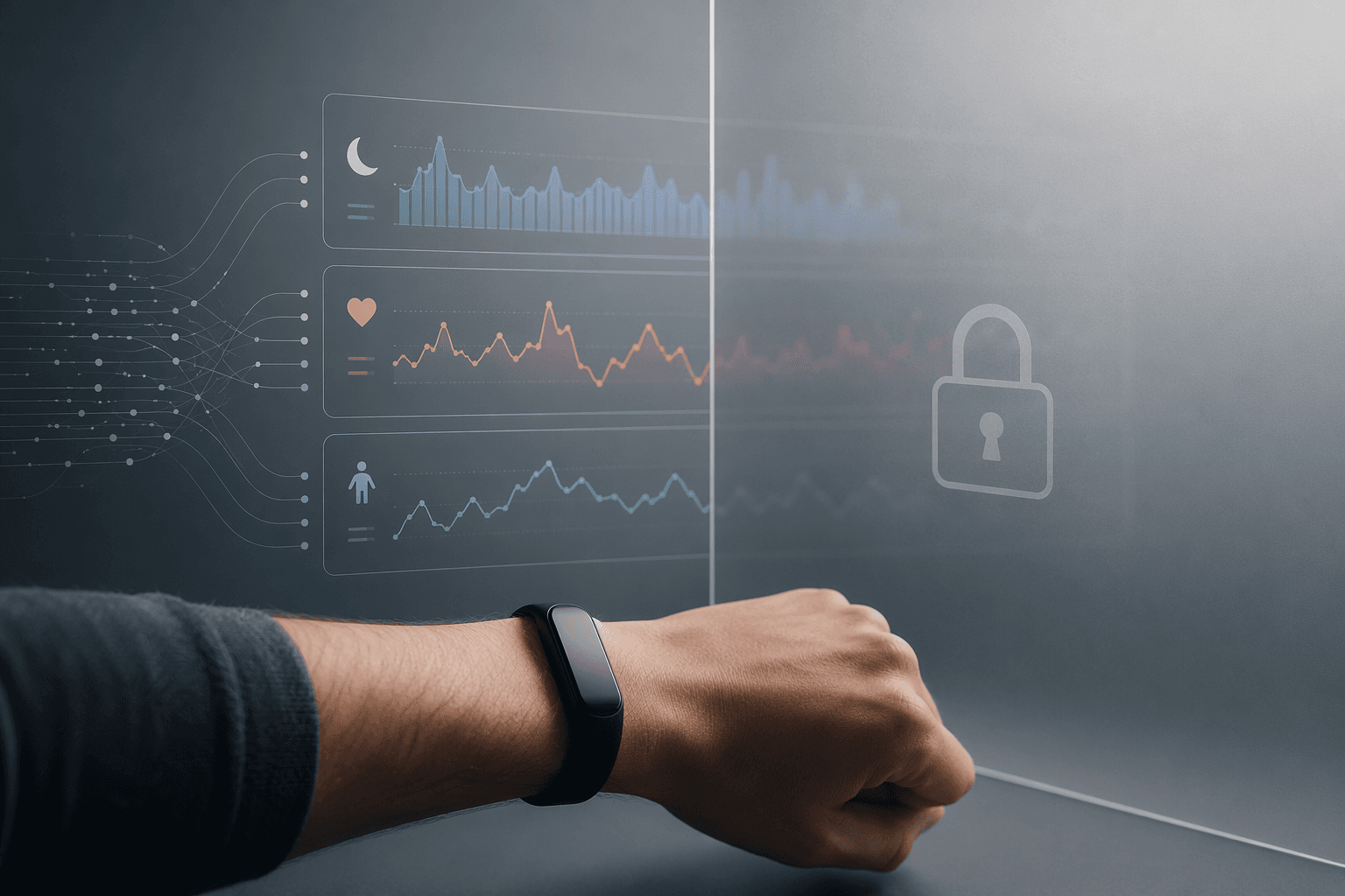 Fitness tracker data graphs fading behind a locked barrier to suggest lost access to health trends