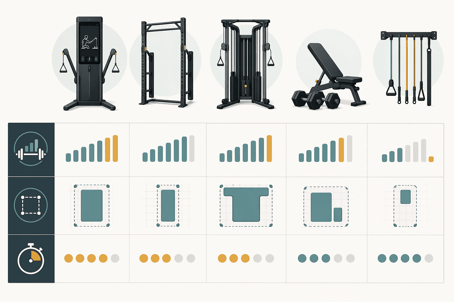 Comparison matrix showing compact gym equipment types across resistance ceiling, floor footprint, and setup friction