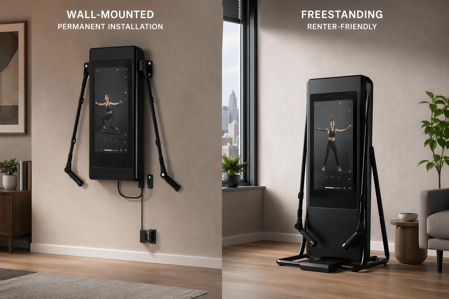 Wall-mounted smart gym compared with a freestanding foldable smart gym in an apartment