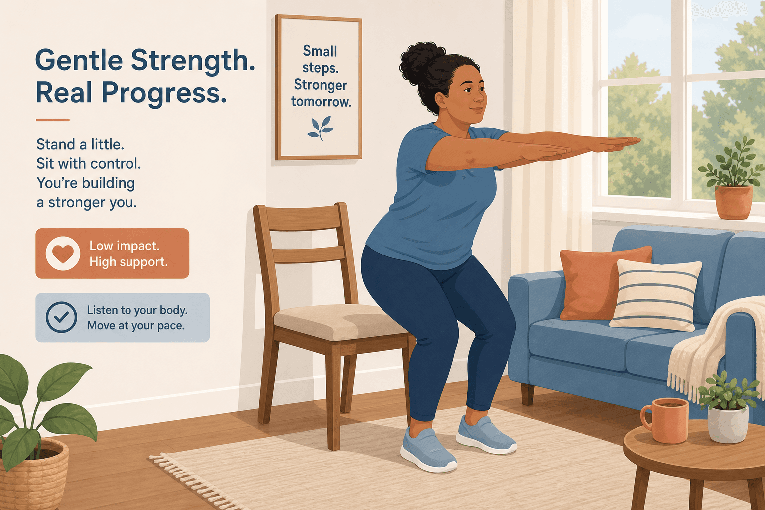 A flat vector illustration of a person in casual activewear seated on a sturdy chair in a home living room, performing a controlled chair-based low-impact exercise with arms reaching forward. Warm natural light through a window. Calm, recovery-focused atmosphere with muted blue, terracotta, and white palette.