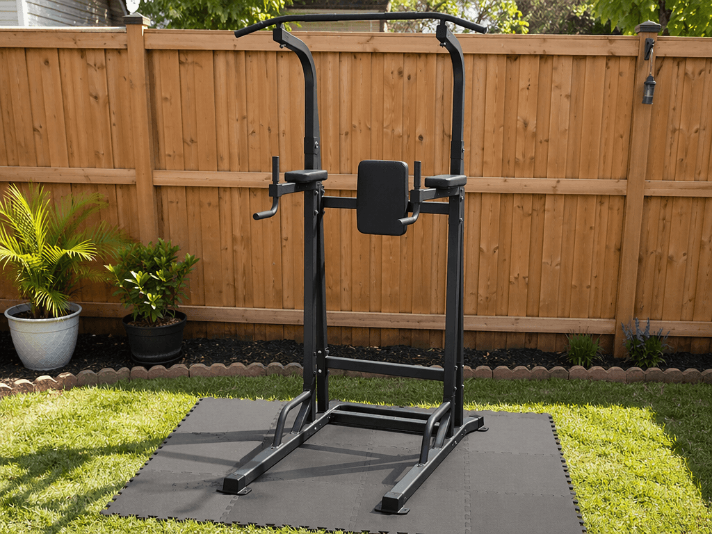 A compact black steel freestanding power tower with pull-up bar, parallel dip bars, and backrest placed on puzzle-mat flooring in a small backyard, with a wooden fence behind and potted plants for scale, showing its roughly 3x4 foot footprint.