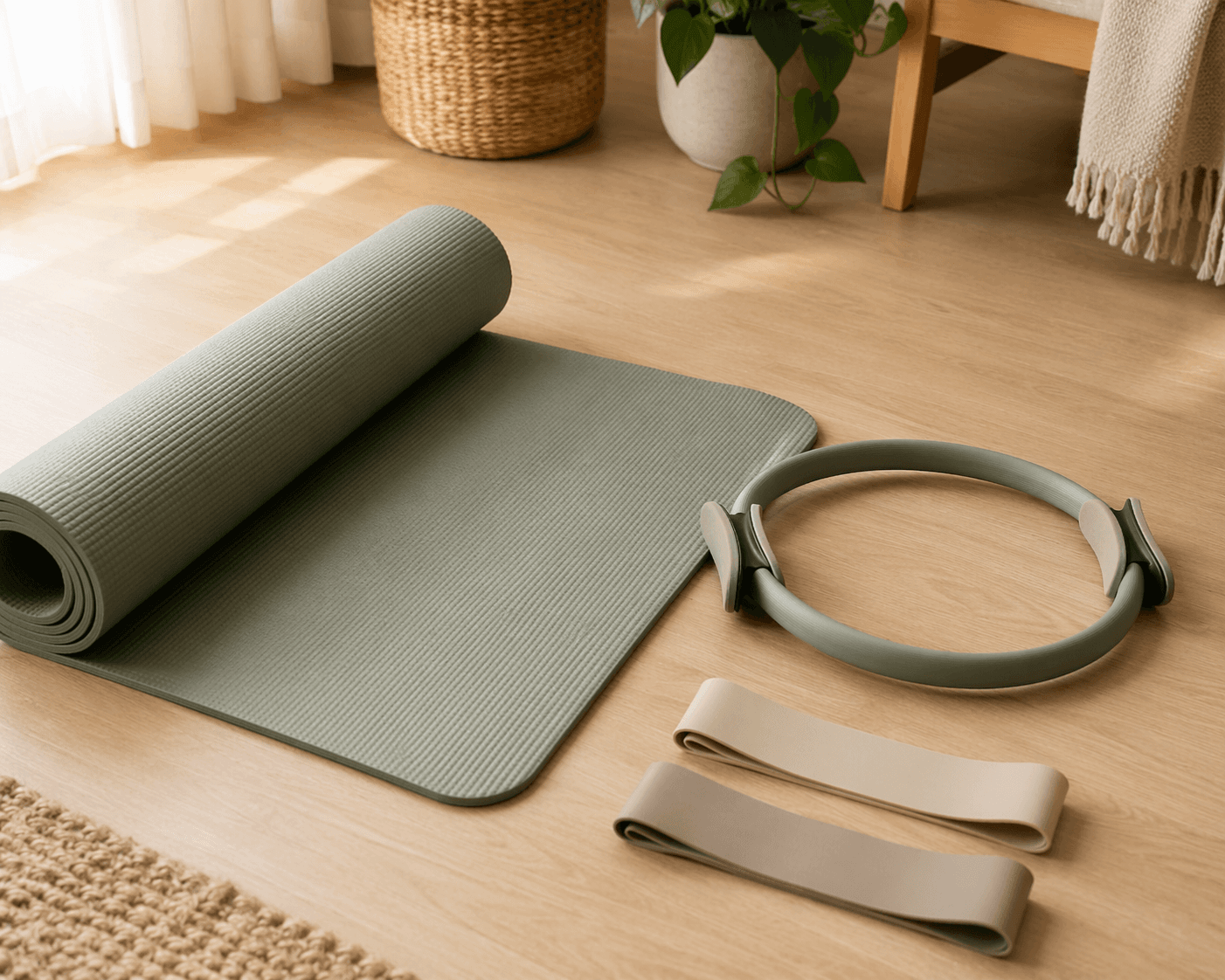 Beginner Pilates starter kit with a thick mat, resistance ring, and resistance bands on a light wood floor