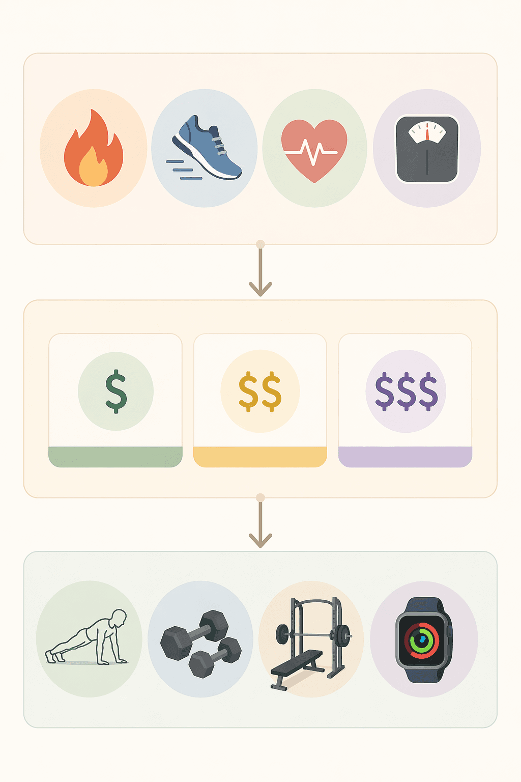 Decision framework showing fitness goal, budget, and equipment filters