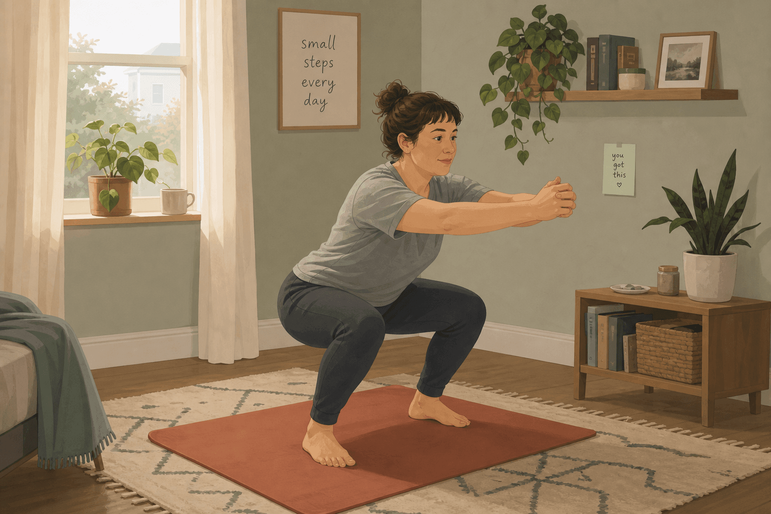 An ordinary person doing a bodyweight squat on a yoga mat in a small, softly lit living room corner with a plant, conveying a calm and accessible 'this is enough to start' feeling.
